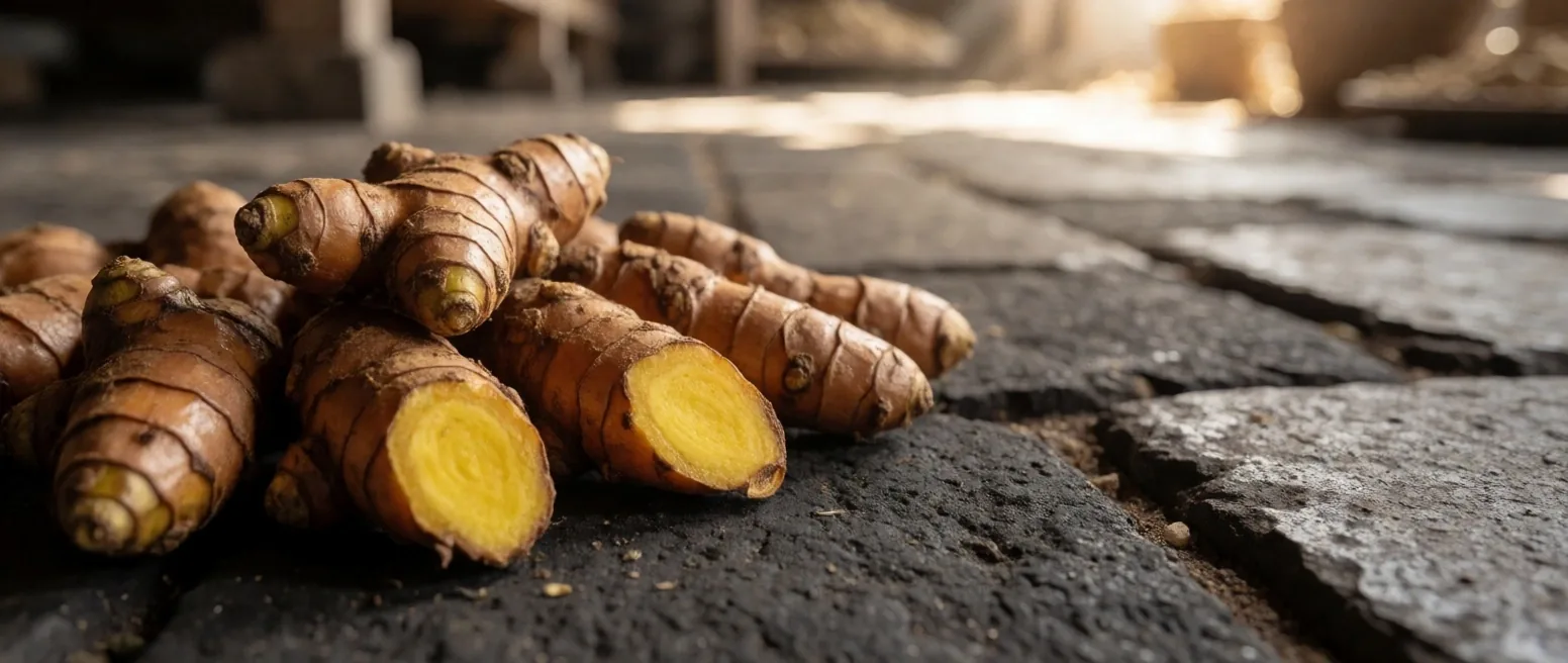 Fresh turmeric rhizome split open on a dark surface under warm light