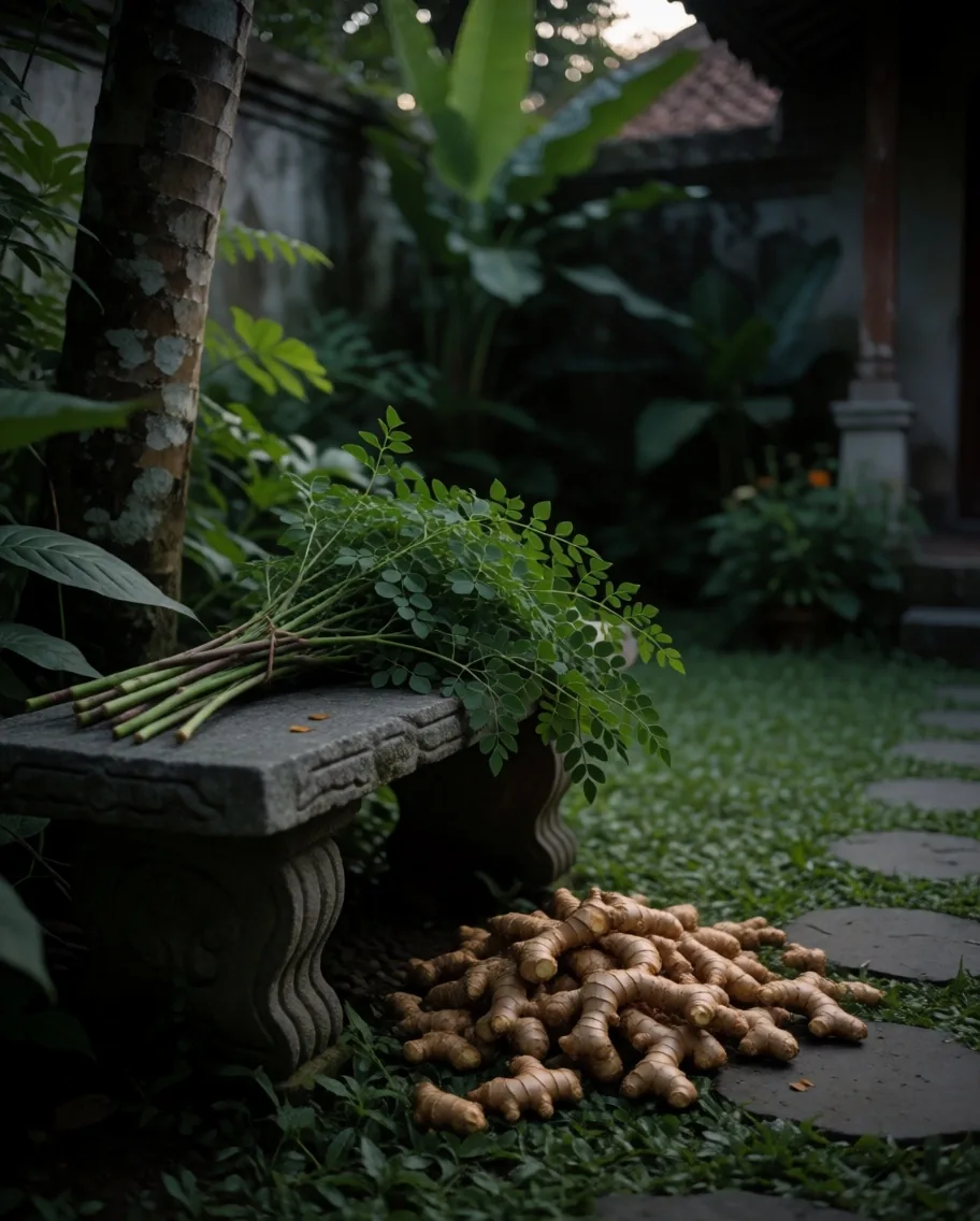 Turmeric and moringa specimens on dark stone