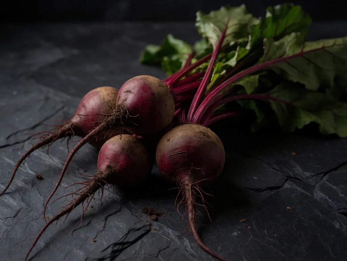Beetroot specimens on dark warm surface