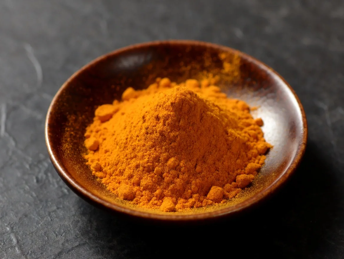 CoQ10 powder in a ceramic dish on dark surface