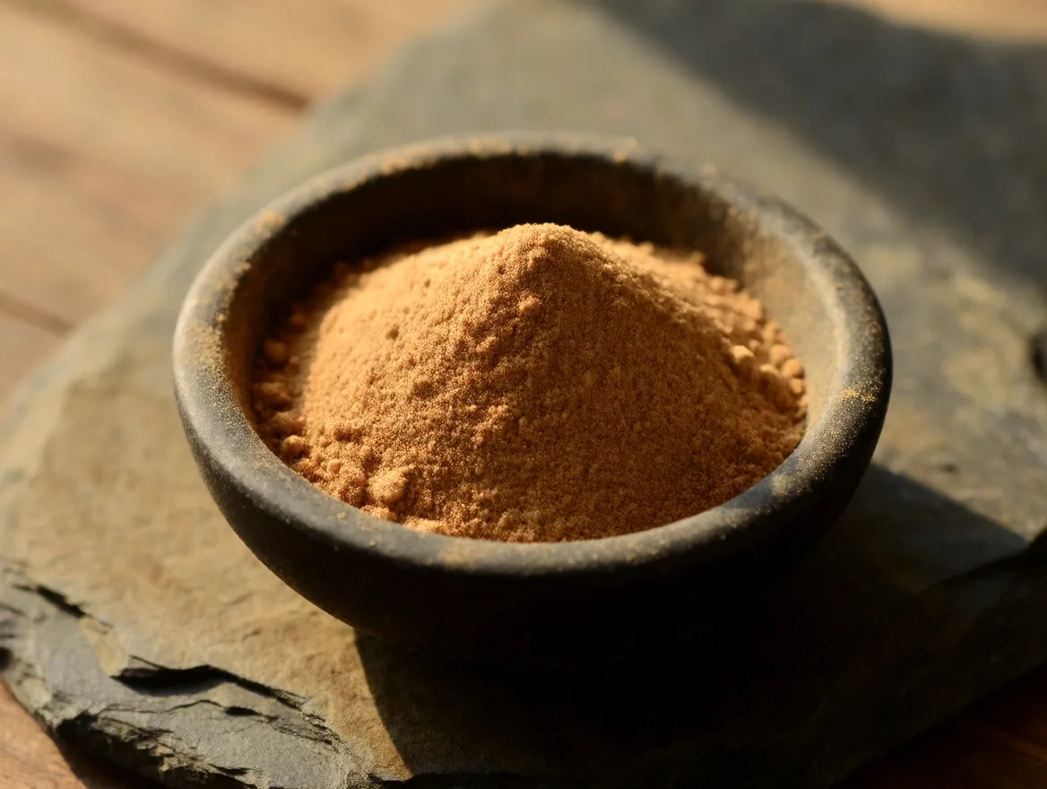 Maca root powder in ceramic dish
