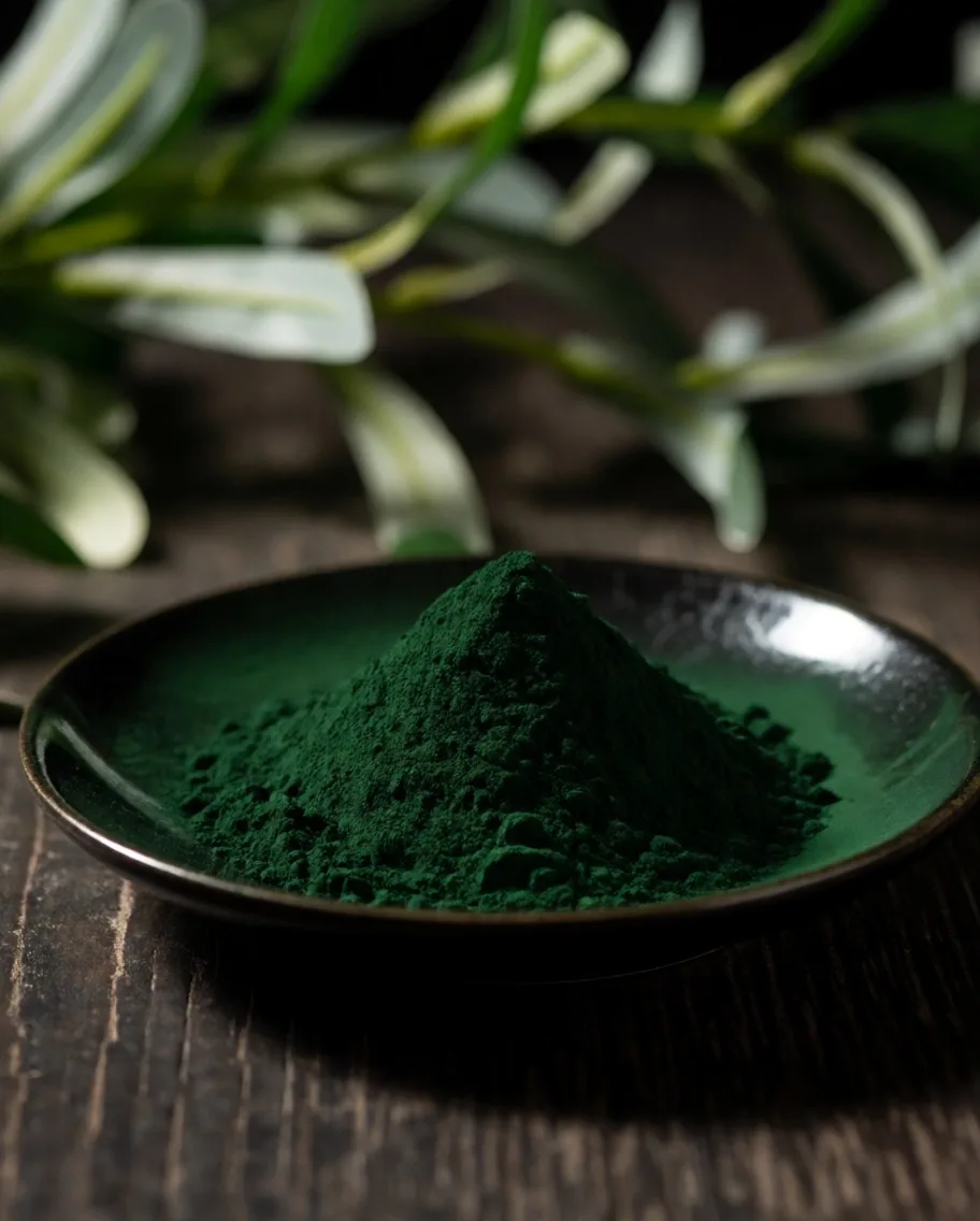 Spirulina powder in dark ceramic dish